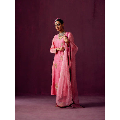 Pooja Singhal Hand Embroidered Kurta With Panels Crush Silk With Pant And Dupatta (Set of 3)