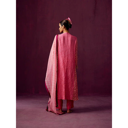 Pooja Singhal Hand Embroidered Kurta With Panels Crush Silk With Pant And Dupatta (Set of 3)