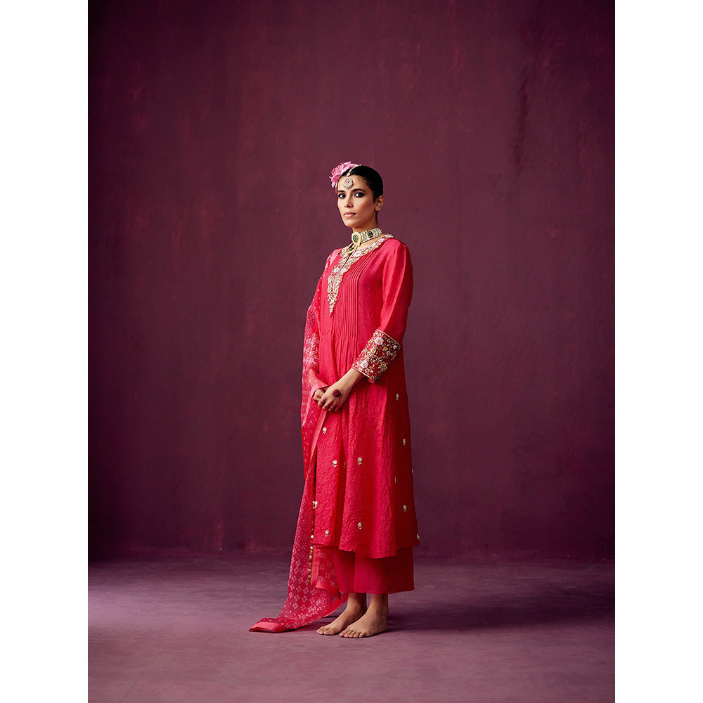 Pooja Singhal Crush Silk Kurta With Palazzos & Bandhej Print Organza Dupatta (Set of 3)