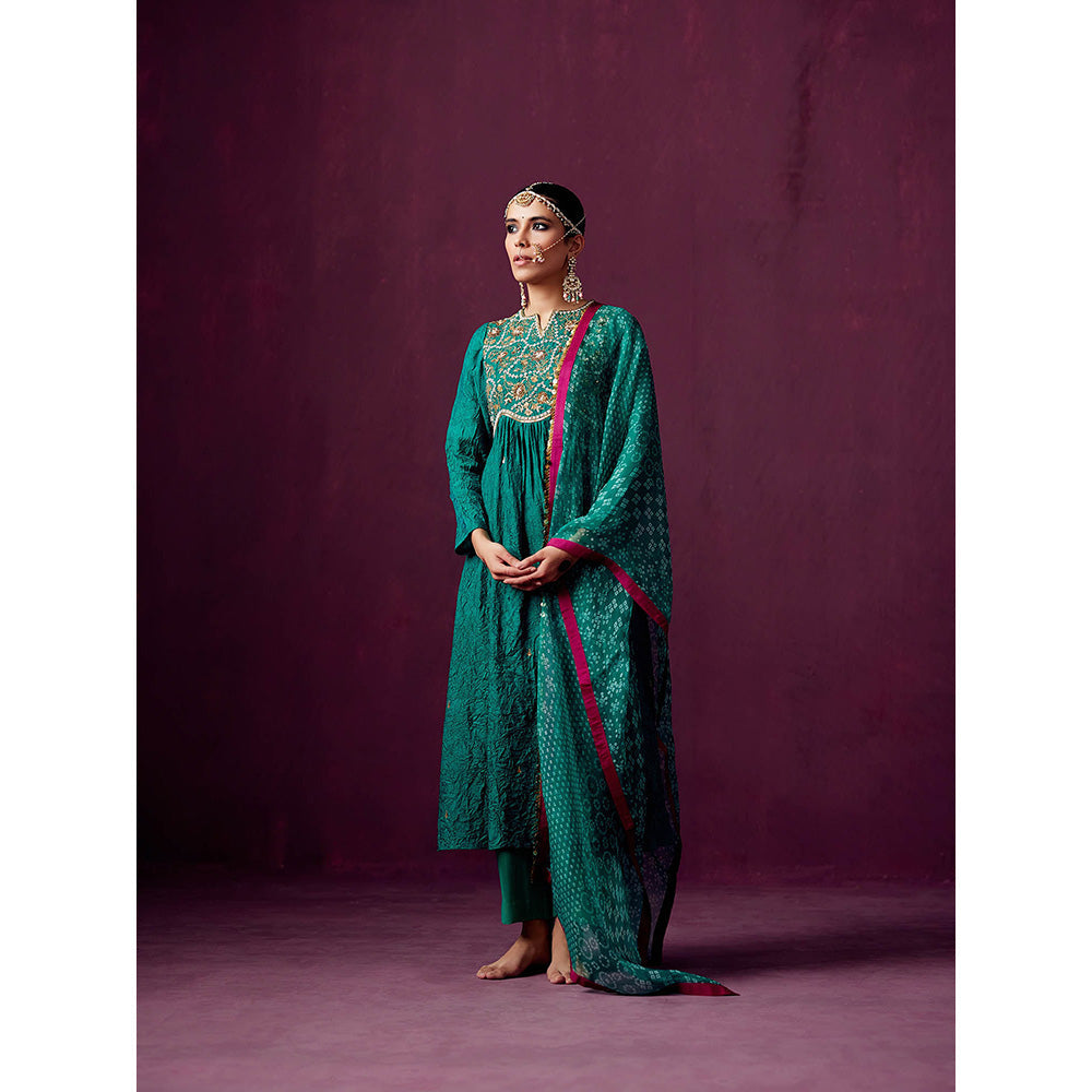 Pooja Singhal Wave Empire Line Crush Silk Anarkali With Tissue Pant & Print Dupatta (Set of 3)