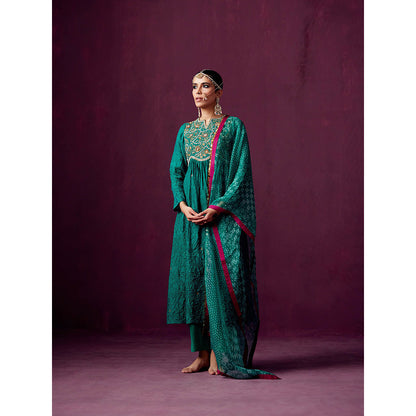 Pooja Singhal Wave Empire Line Crush Silk Anarkali With Tissue Pant & Print Dupatta (Set of 3)