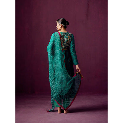 Pooja Singhal Wave Empire Line Crush Silk Anarkali With Tissue Pant & Print Dupatta (Set of 3)