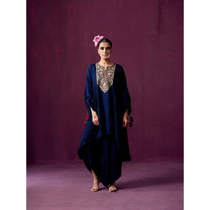 Pooja Singhal Navy Crush Silk Kaftan Kurta with Yoke Embroidery and Drape Pant. (Set of 2)