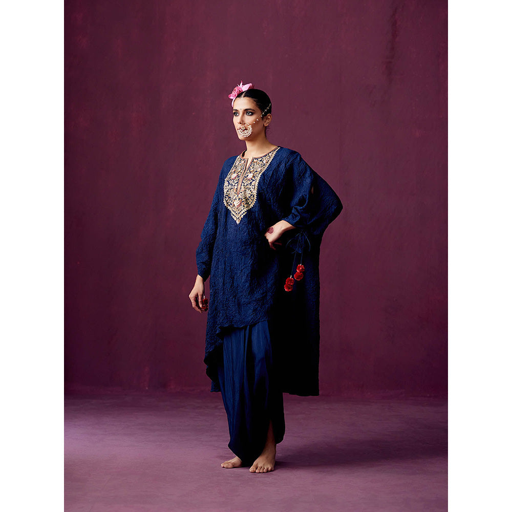 Pooja Singhal Navy Crush Silk Kaftan Kurta with Yoke Embroidery and Drape Pant. (Set of 2)