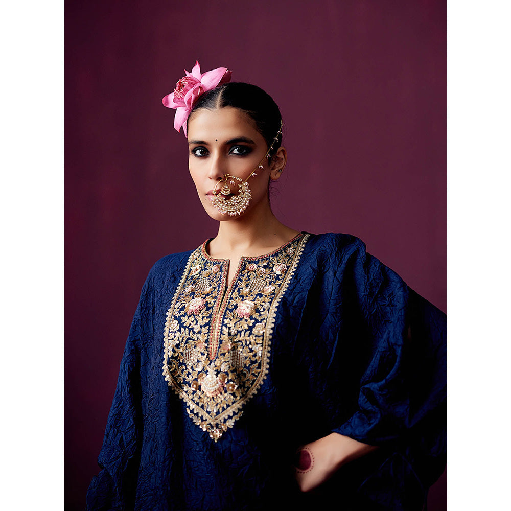 Pooja Singhal Navy Crush Silk Kaftan Kurta with Yoke Embroidery and Drape Pant. (Set of 2)