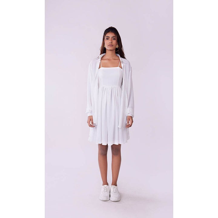 Poppi Solid White Dress & Shirt (Set of 2)