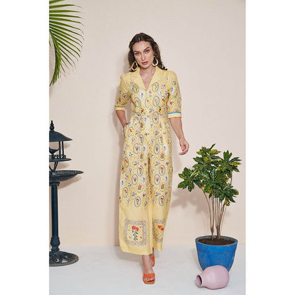 Pozruh By Aiman Moxie Printed Yellow Jumpsuit & Belt (Set of 2)