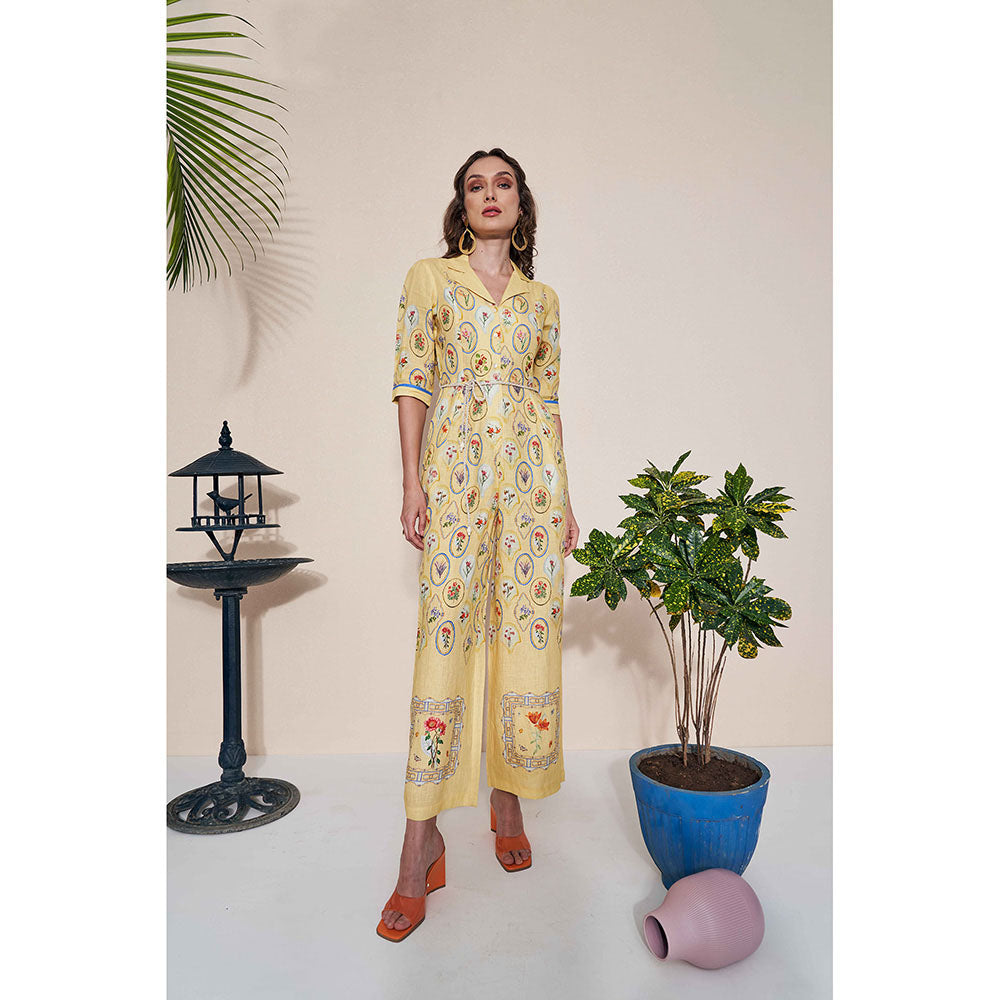 Pozruh By Aiman Moxie Printed Yellow Jumpsuit & Belt (Set of 2)