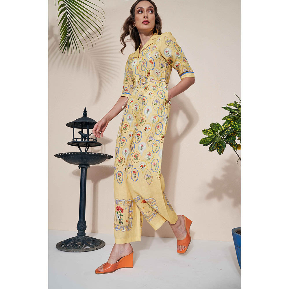 Pozruh By Aiman Moxie Printed Yellow Jumpsuit & Belt (Set of 2)