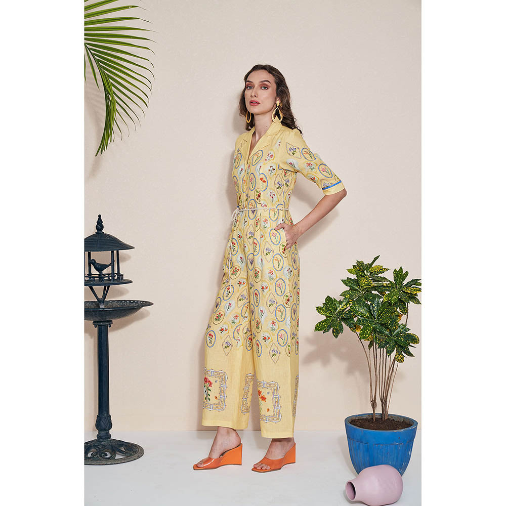 Pozruh By Aiman Moxie Printed Yellow Jumpsuit & Belt (Set of 2)