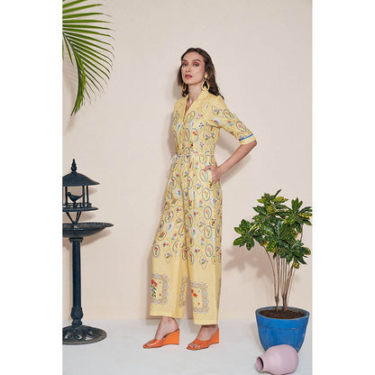 Pozruh By Aiman Moxie Printed Yellow Jumpsuit & Belt (Set of 2)