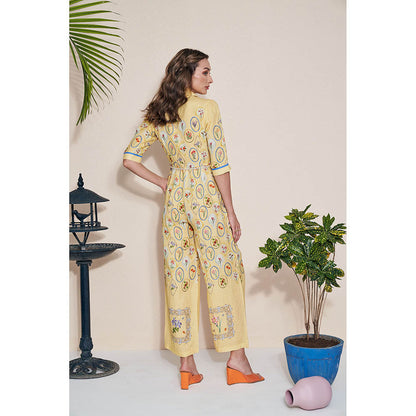 Pozruh By Aiman Moxie Printed Yellow Jumpsuit & Belt (Set of 2)
