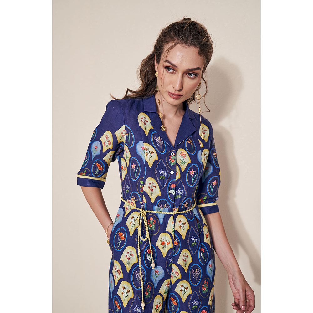 Pozruh By Aiman Moxie Printed Blue Jumpsuit & Belt (Set of 2)