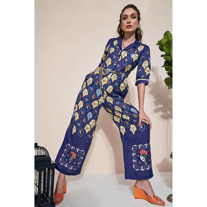 Pozruh By Aiman Moxie Printed Blue Jumpsuit & Belt (Set of 2)