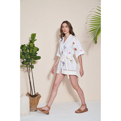 Pozruh By Aiman Alpha White Embroidered Mini Dress with Belt (Set of 2)