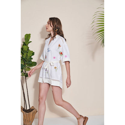 Pozruh By Aiman Alpha White Embroidered Mini Dress with Belt (Set of 2)