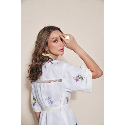 Pozruh By Aiman Alpha White Embroidered Mini Dress with Belt (Set of 2)