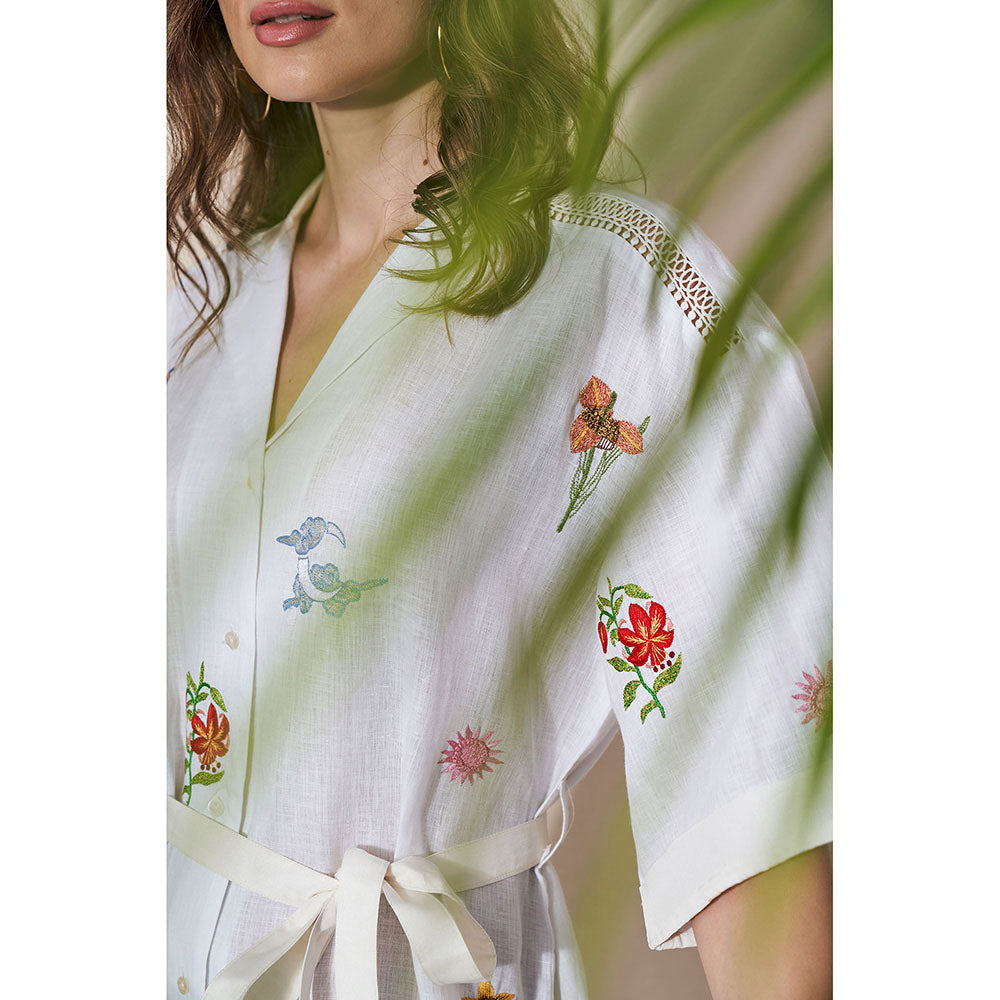 Pozruh By Aiman Alpha White Embroidered Mini Dress with Belt (Set of 2)
