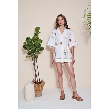 Pozruh By Aiman Alpha White Embroidered Mini Dress with Belt (Set of 2)
