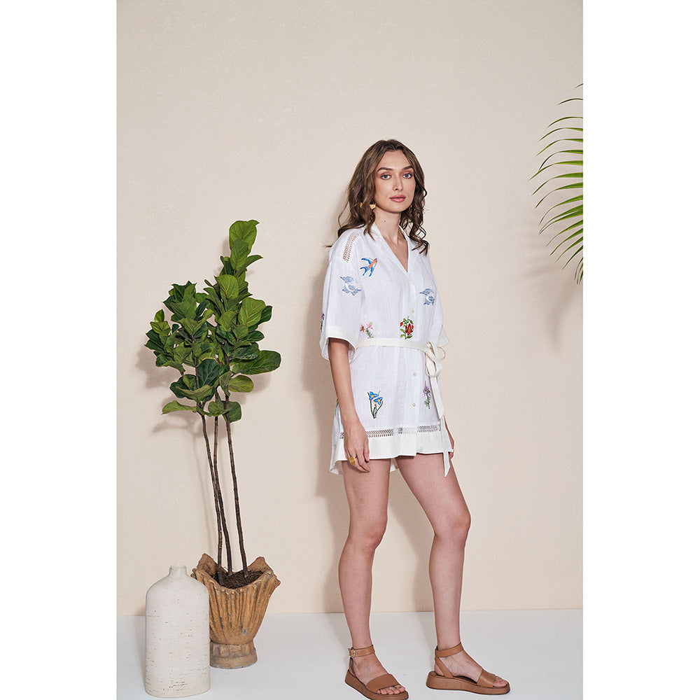 Pozruh By Aiman Alpha White Embroidered Mini Dress with Belt (Set of 2)