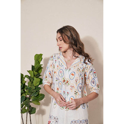 Pozruh By Aiman Magpie Off White Printed Tunic