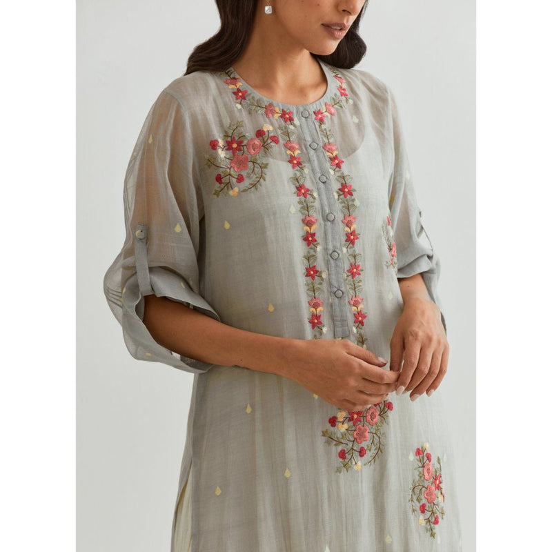 PRAMA By Pratima Pandey Embroidered Chanderi Grey Kurta with Inner (Set of 2)