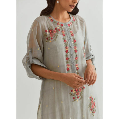 PRAMA By Pratima Pandey Embroidered Chanderi Grey Kurta with Inner (Set of 2)