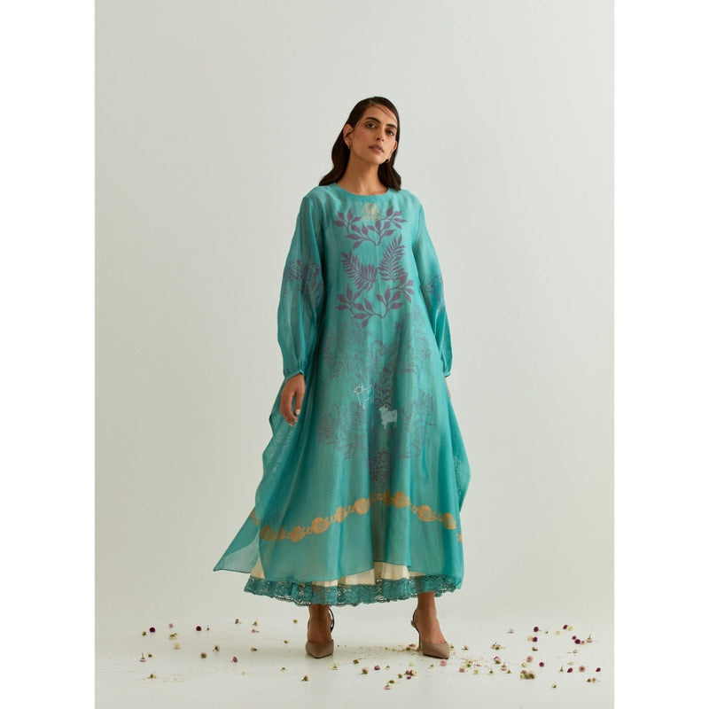 PRAMA By Pratima Pandey Floral Chanderi Blue Kurta with Inner (Set of 2)