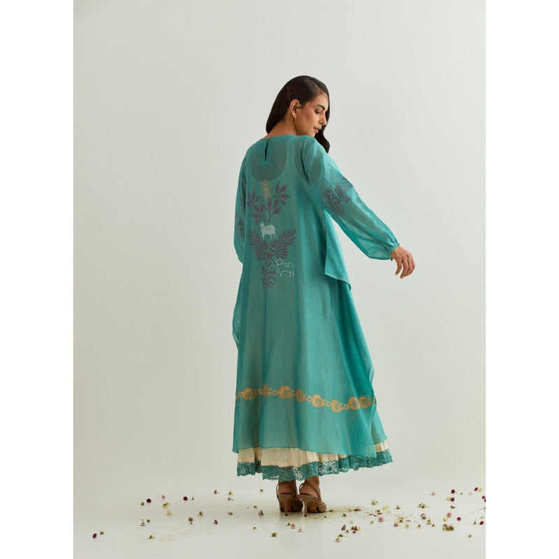 PRAMA By Pratima Pandey Floral Chanderi Blue Kurta with Inner (Set of 2)