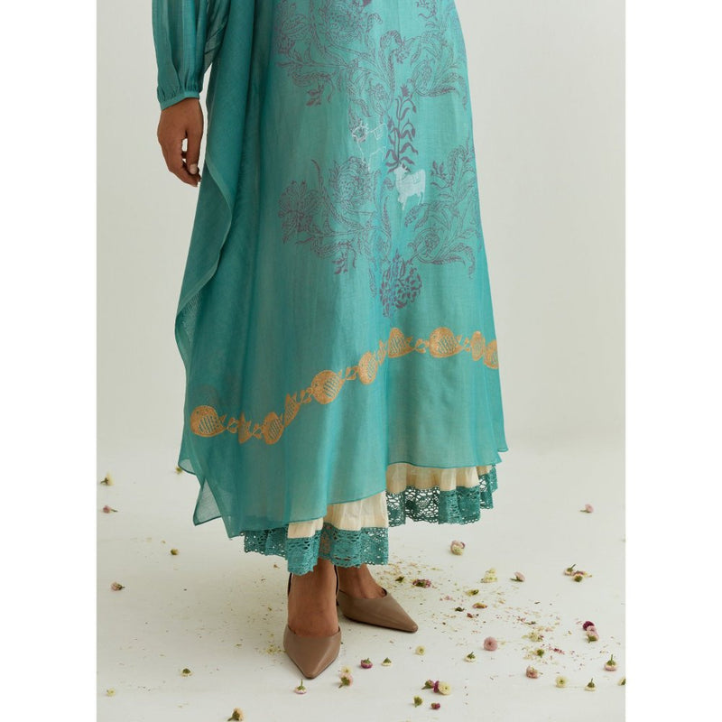 PRAMA By Pratima Pandey Floral Chanderi Blue Kurta with Inner (Set of 2)