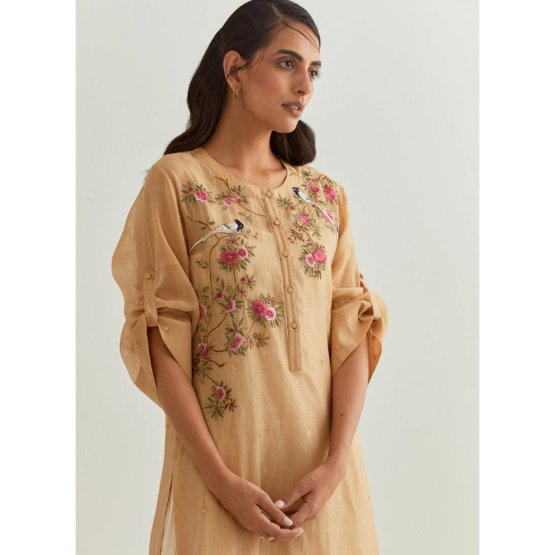 PRAMA By Pratima Pandey Floral Chanderi Beige Kurta with Inner (Set of 2)