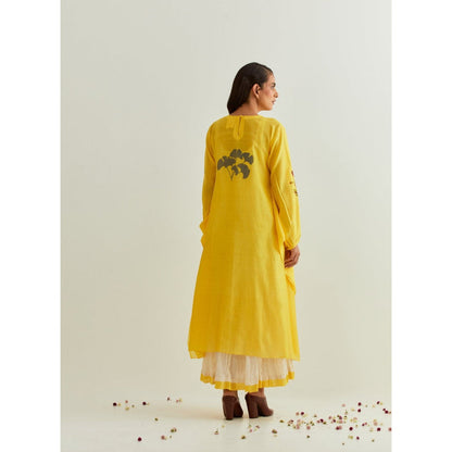 PRAMA By Pratima Pandey Printed Chanderi Yellow Kurta with Inner (Set of 2)