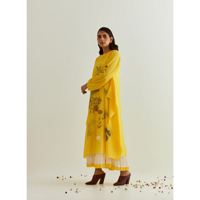 PRAMA By Pratima Pandey Printed Chanderi Yellow Kurta with Inner (Set of 2)