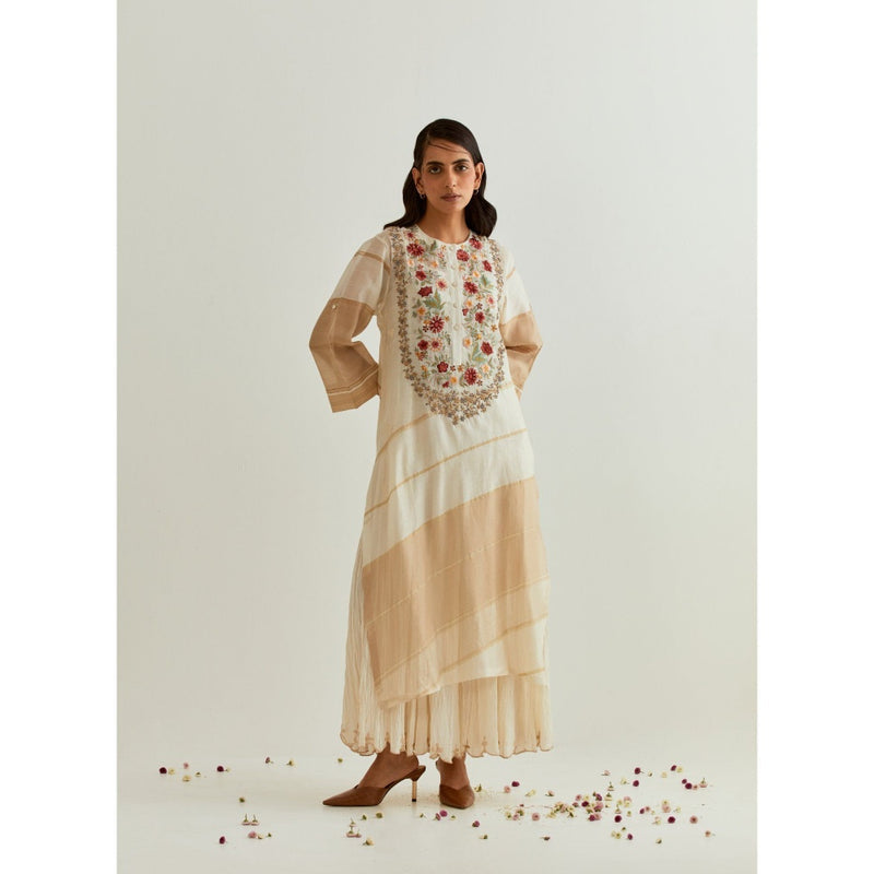 PRAMA By Pratima Pandey Floral Chanderi Ivory Kurta with Inner (Set of 2)