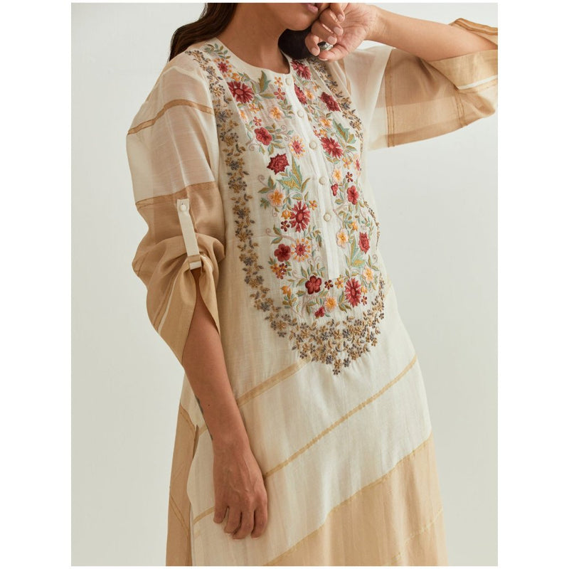 PRAMA By Pratima Pandey Floral Chanderi Ivory Kurta with Inner (Set of 2)