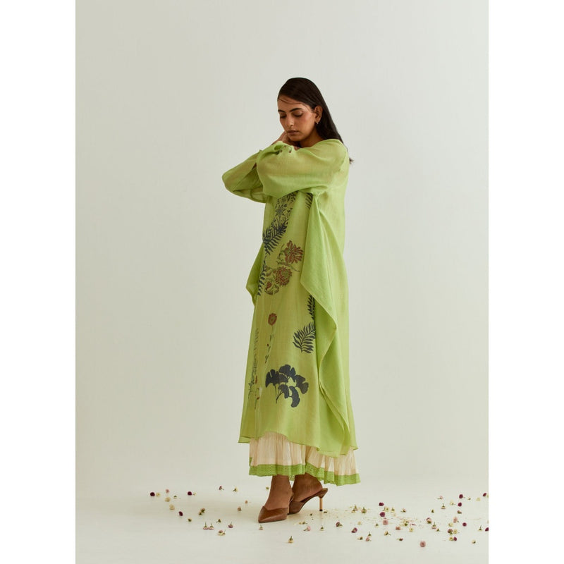 PRAMA By Pratima Pandey Printed Chanderi Green Kurta with Inner (Set of 2)