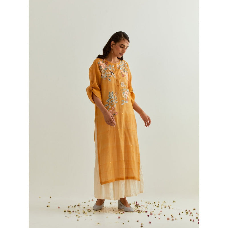 PRAMA By Pratima Pandey Floral Chanderi Mustard Kurta with Inner (Set of 2)