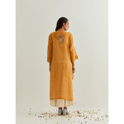 PRAMA By Pratima Pandey Floral Chanderi Mustard Kurta with Inner (Set of 2)