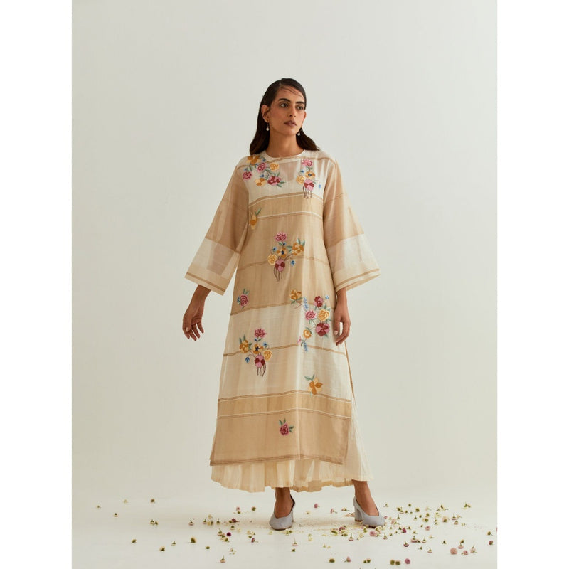PRAMA By Pratima Pandey Floral Chanderi Beige Kurta with Inner (Set of 2)