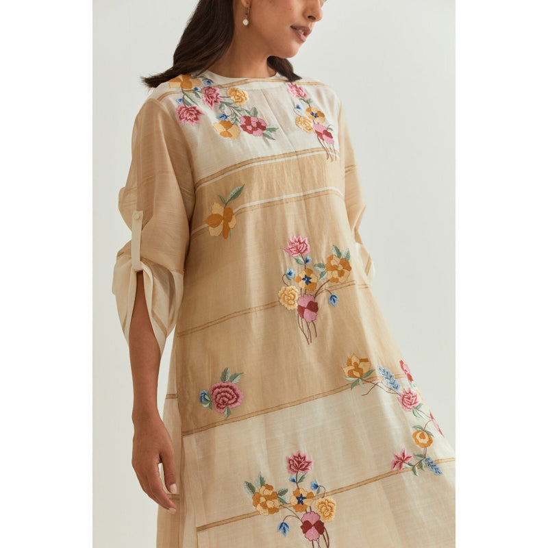 PRAMA By Pratima Pandey Floral Chanderi Beige Kurta with Inner (Set of 2)