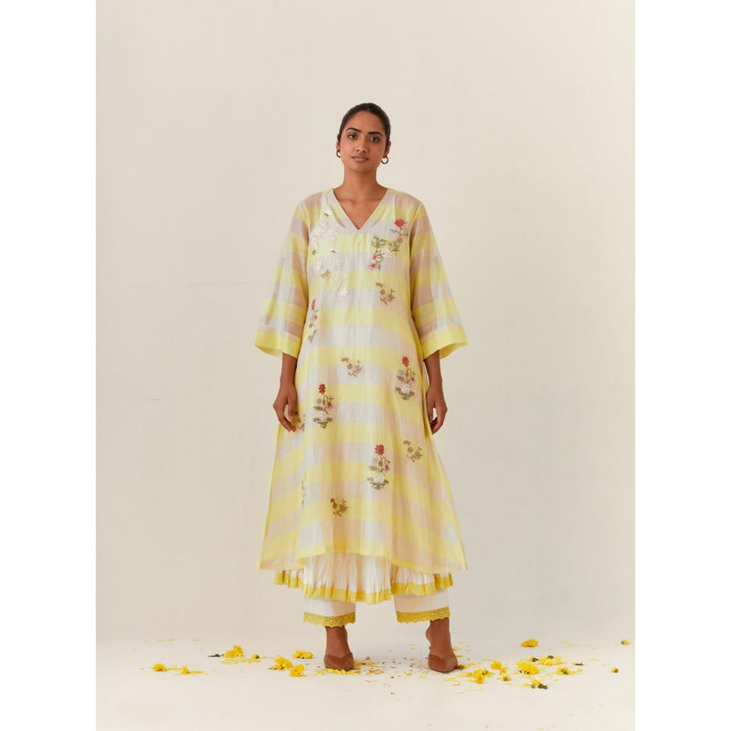 PRAMA By Pratima Pandey Floral Chanderi Yellow Kurta with Inner (Set of 2)