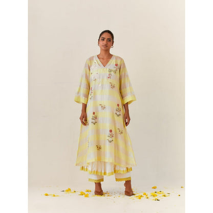 PRAMA By Pratima Pandey Floral Chanderi Yellow Kurta with Inner (Set of 2)