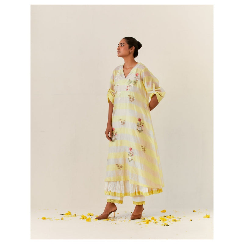 PRAMA By Pratima Pandey Floral Chanderi Yellow Kurta with Inner (Set of 2)