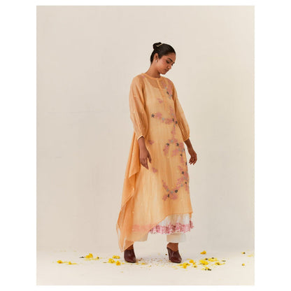 PRAMA By Pratima Pandey Floral Chanderi Mustard Kurta with Inner (Set of 2)