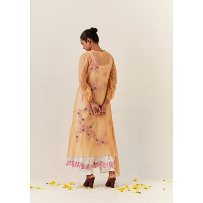 PRAMA By Pratima Pandey Floral Chanderi Mustard Kurta with Inner (Set of 2)