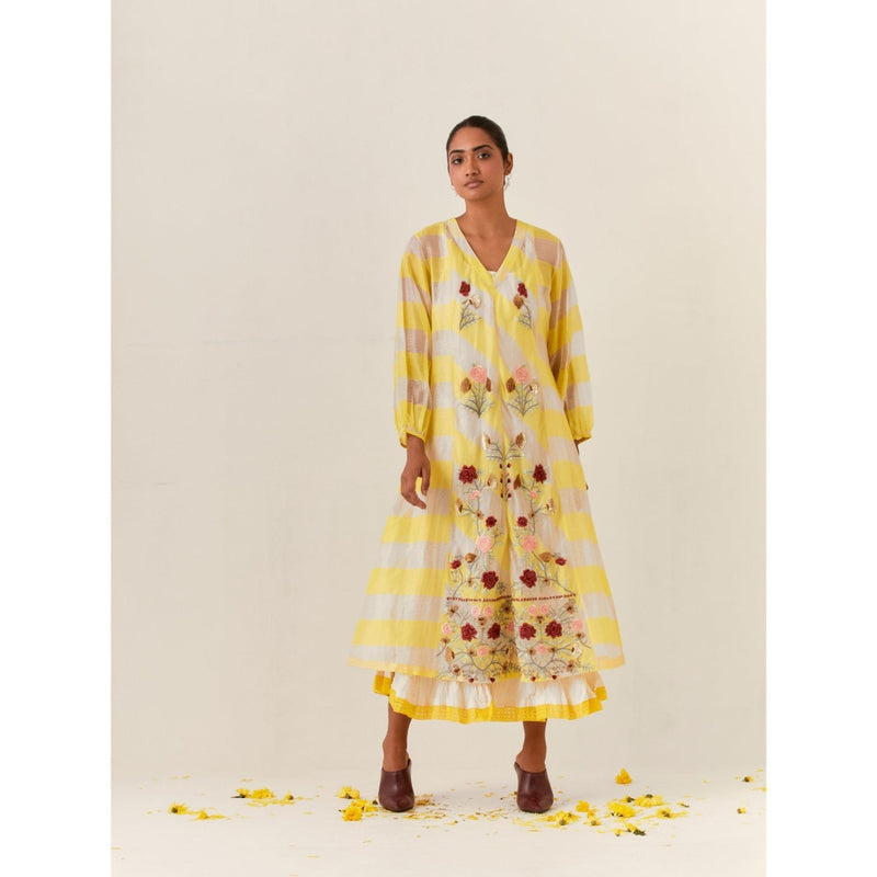PRAMA By Pratima Pandey Floral Chanderi Yellow Kurta with Inner (Set of 2)