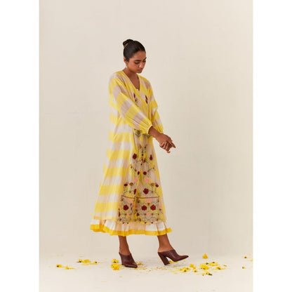 PRAMA By Pratima Pandey Floral Chanderi Yellow Kurta with Inner (Set of 2)