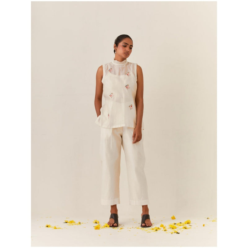 PRAMA By Pratima Pandey Floral Chanderi Ivory Co-Ord (Set of 3)