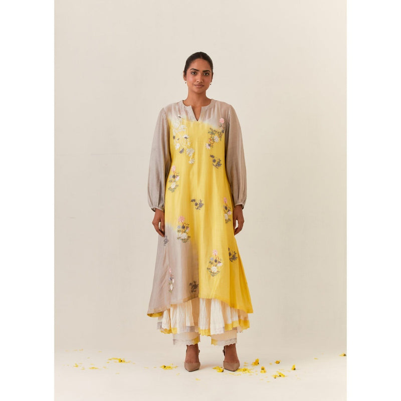 PRAMA By Pratima Pandey Floral Chanderi Grey & Yellow Kurta with Inner (Set of 2)