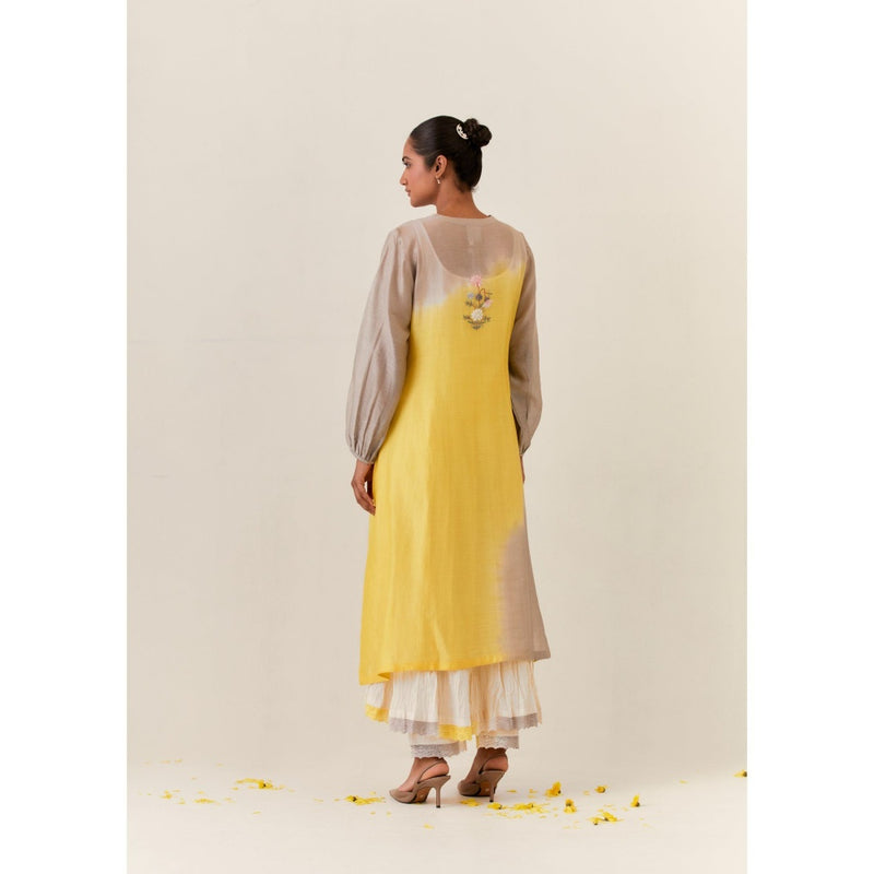 PRAMA By Pratima Pandey Floral Chanderi Grey & Yellow Kurta with Inner (Set of 2)